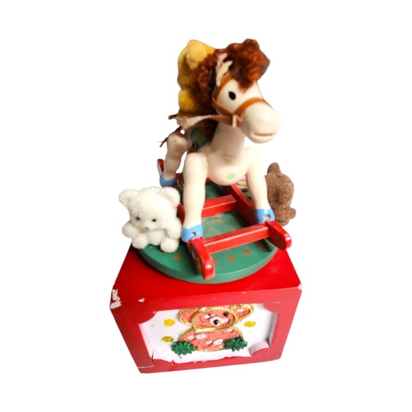 Vtg RARE Enesco Christmas Toy Music Box Rocking Horse 1985 "Toy Land" Works Spin - Picture 1 of 12
